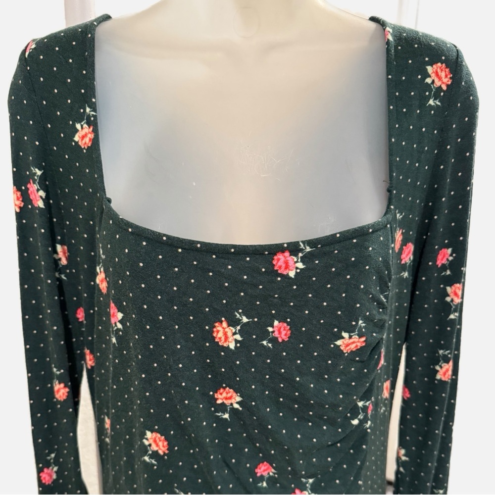 Free People | Celia Mini Dress - Emerald Jewel Floral/Polka Dot Print - Ruched - Picture 3 of 13